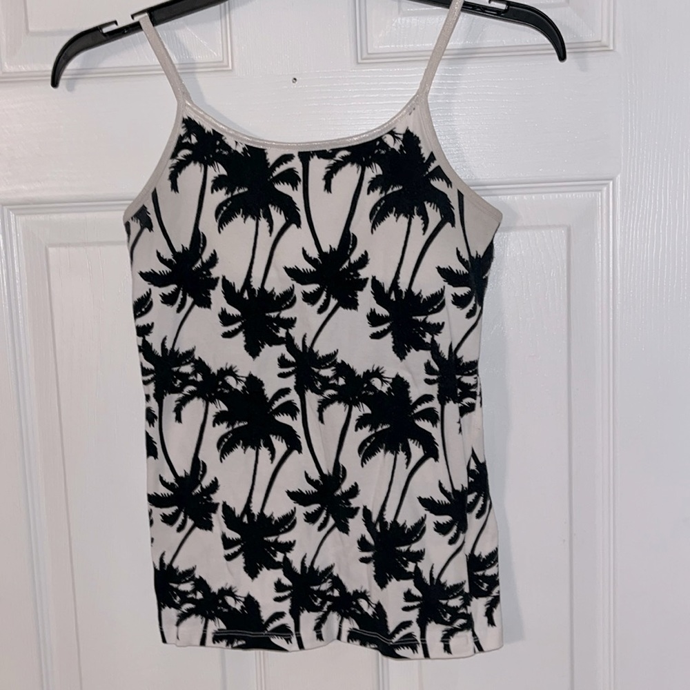 Girl’s SO Spaghetti strap tank top, white background, black palm tree print, 14